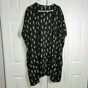 Francescas Blue Rain Blouse Topper Womens M Black Green Cactus Shrug Cover Up